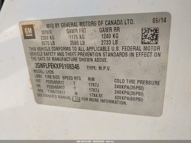 2015 Chevrolet Equinox 1lt მანქანა იყიდება აუქციონზე, vin: 2GNFLFEKXF6168346, აუქციონის ნომერი: 46191295