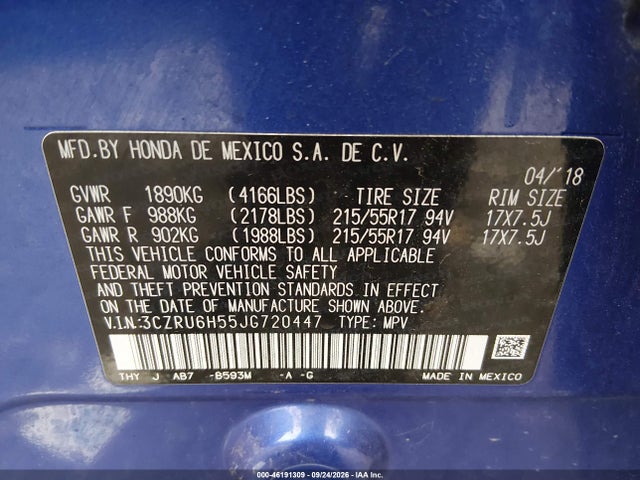 Продажа на аукционе авто 2018 Honda Hr-v Ex, vin: 3CZRU6H55JG720447, номер лота: 46191309