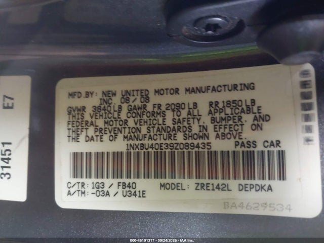 2009 Toyota Corolla Le მანქანა იყიდება აუქციონზე, vin: 1NXBU40E39Z089435, აუქციონის ნომერი: 46191317