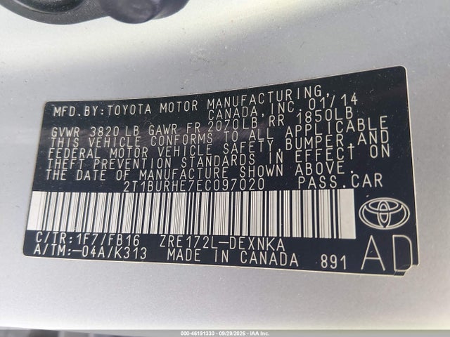 Продажа на аукционе авто 2014 Toyota Corolla Le, vin: 2T1BURHE7EC097020, номер лота: 46191330