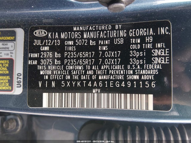 Aukcja sprzedaży 2014 Kia Sorento Lx, vin: 5XYKT4A61EG491156, numer aukcji: 46191331