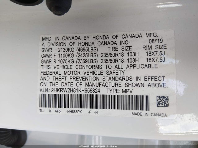 Продажа на аукционе авто 2019 Honda Cr-v Ex-l, vin: 2HKRW2H81KH656824, номер лота: 46191345
