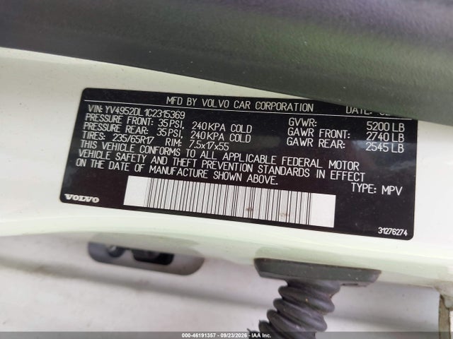 46191357 :رقم المزاد ، YV4952DL1C2315369 vin ، 2012 Volvo Xc60 مزاد بيع