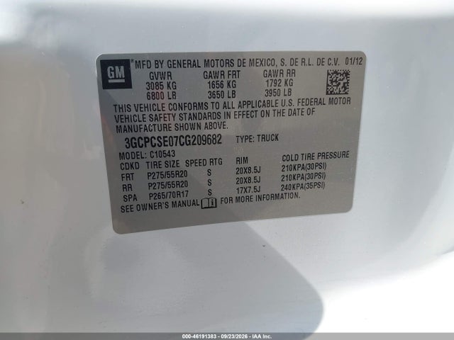 46191383 :رقم المزاد ، 3GCPCSE07CG209682 vin ، 2012 Chevrolet Silverado 1500 Lt مزاد بيع