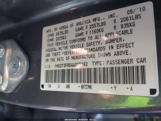 Продаж на аукціоні авто 2010 Honda Accord 3.5 Ex-l, vin: 1HGCP3F80AA025162, номер лоту: 46191404