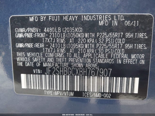 46191406 :رقم المزاد ، JF2SHBGCXBH767907 vin ، 2011 Subaru Forester 2.5x Touring مزاد بيع