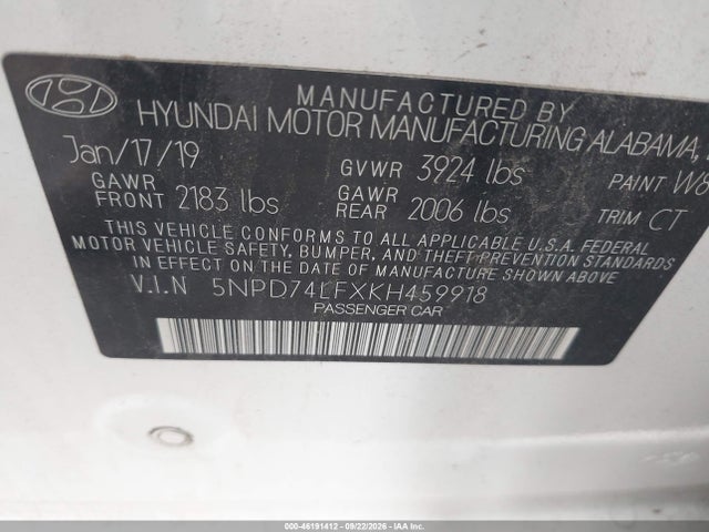 Продаж на аукціоні авто 2019 Hyundai Elantra Se, vin: 5NPD74LFXKH459918, номер лоту: 46191412