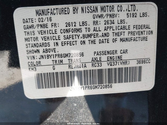 2016 Infiniti Q70l 3.7x მანქანა იყიდება აუქციონზე, vin: JN1BY1PR6GM720856, აუქციონის ნომერი: 46191420