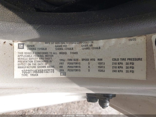 46191425 :رقم المزاد ، 1GCDT146X68152178 vin ، 2006 Chevrolet Colorado Lt مزاد بيع