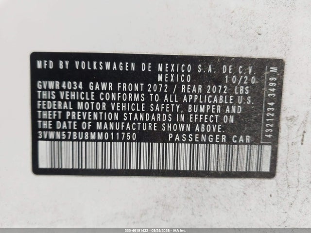 46191432 :رقم المزاد ، 3VWN57BU8MM011750 vin ، 2021 Volkswagen Jetta 1.4t R-line/1.4t S مزاد بيع