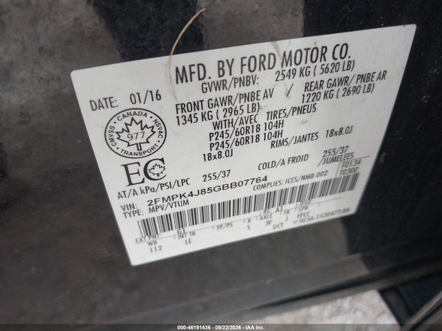 46191436 :رقم المزاد ، 2FMPK4J85GBB07764 vin ، 2016 Ford Edge Sel مزاد بيع