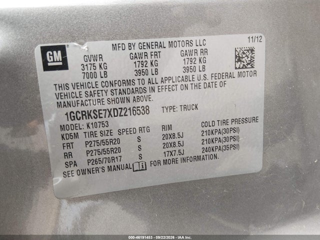 2013 Chevrolet Silverado 1500 Lt მანქანა იყიდება აუქციონზე, vin: 1GCRKSE7XDZ216538, აუქციონის ნომერი: 46191453