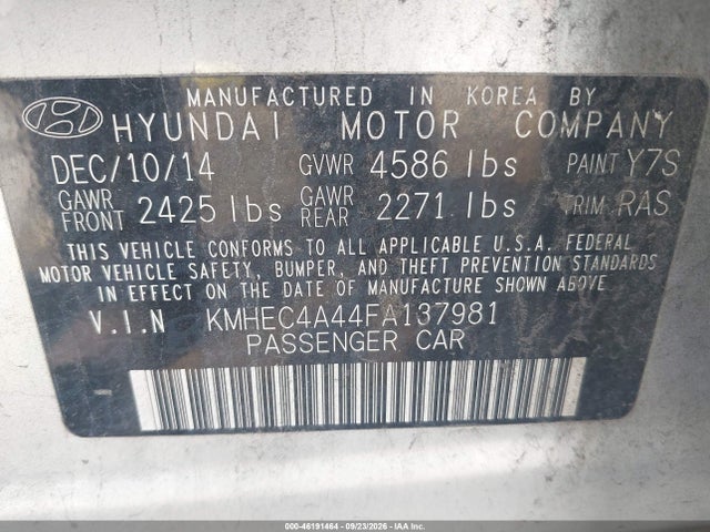 46191464 :رقم المزاد ، KMHEC4A44FA137981 vin ، 2015 Hyundai Sonata Hybrid مزاد بيع