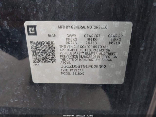 46191465 :رقم المزاد ، 1G1ZD5ST9LF025392 vin ، 2020 Chevrolet Malibu Fwd Lt مزاد بيع