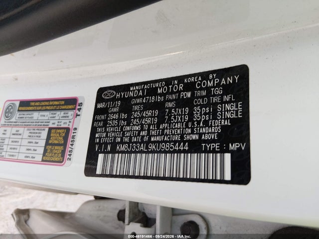 Aukcja sprzedaży 2019 Hyundai Tucson Sport, vin: KM8J33AL9KU985444, numer aukcji: 46191466