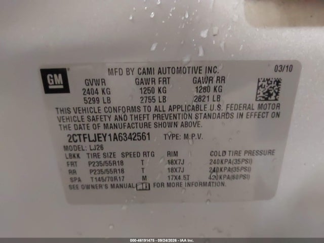 Aukcja sprzedaży 2010 Gmc Terrain Slt-2, vin: 2CTFLJEY1A6342561, numer aukcji: 46191475