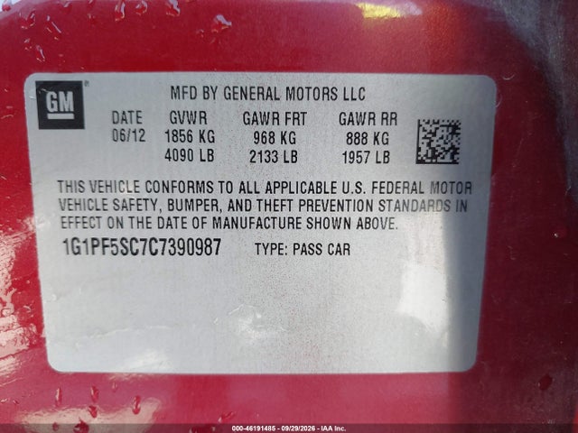Продажа на аукционе авто 2012 Chevrolet Cruze 1lt, vin: 1G1PF5SC7C7390987, номер лота: 46191485