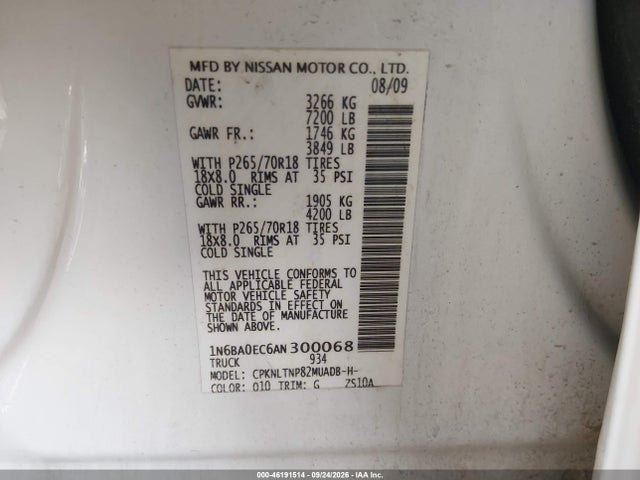 Продаж на аукціоні авто 2010 Nissan Titan Se, vin: 1N6BA0EC6AN300068, номер лоту: 46191514
