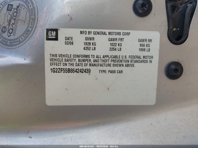 46191521 :رقم المزاد ، 1G2ZF55B864242439 vin ، 2006 Pontiac G6 مزاد بيع