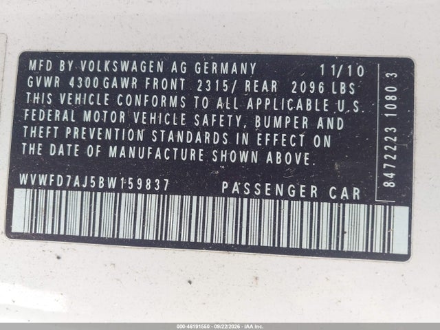 46191550 :رقم المزاد ، WVWFD7AJ5BW159837 vin ، 2011 Volkswagen Gti 2-door مزاد بيع