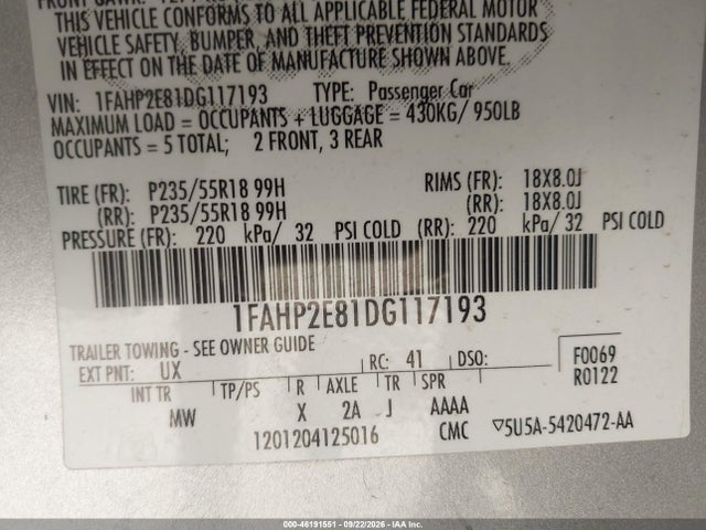 2013 Ford Taurus Sel მანქანა იყიდება აუქციონზე, vin: 1FAHP2E81DG117193, აუქციონის ნომერი: 46191551