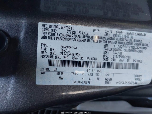 2014 Ford Focus Se მანქანა იყიდება აუქციონზე, vin: 1FADP3F21EL321600, აუქციონის ნომერი: 46191556