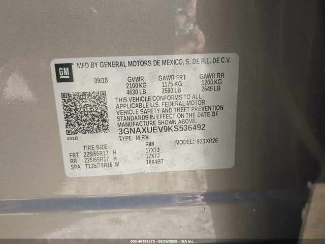 46191575 :رقم المزاد ، 3GNAXUEV9KS536492 vin ، 2019 Chevrolet Equinox Lt مزاد بيع