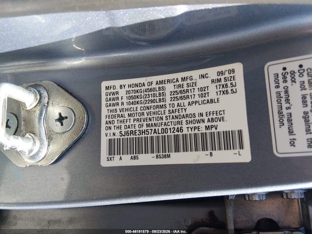 2010 Honda Cr-v Ex მანქანა იყიდება აუქციონზე, vin: 5J6RE3H57AL001246, აუქციონის ნომერი: 46191579