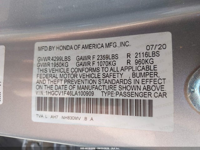 Aukcja sprzedaży 2020 Honda Accord Ex, vin: 1HGCV1F46LA100909, numer aukcji: 46191586