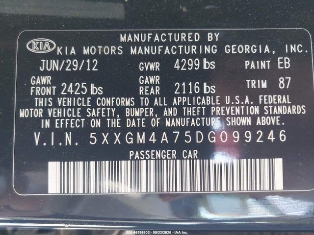 Auction sale of the 2013 Kia Optima Lx, vin: 5XXGM4A75DG099246, lot number: 46191602