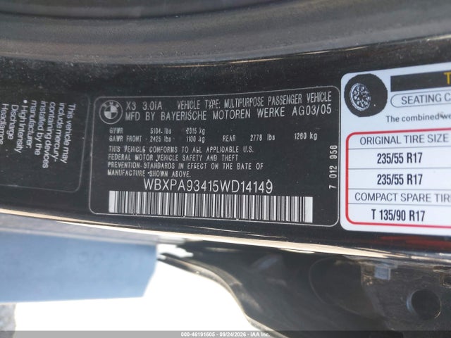 Продажа на аукционе авто 2005 Bmw X3 3.0i, vin: WBXPA93415WD14149, номер лота: 46191605
