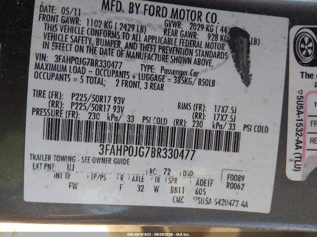 Aukcja sprzedaży 2011 Ford Fusion Sel, vin: 3FAHP0JG7BR330477, numer aukcji: 46191623