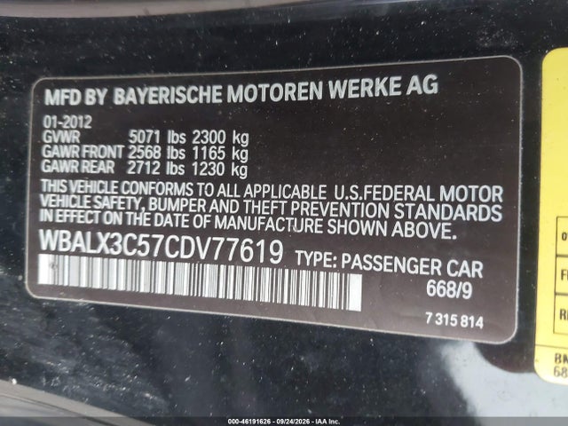 Aukcja sprzedaży 2012 Bmw 650i, vin: WBALX3C57CDV77619, numer aukcji: 46191626