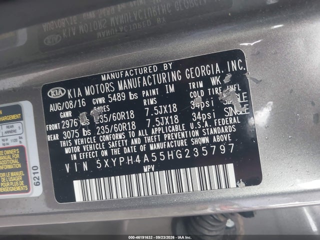 46191632 :رقم المزاد ، 5XYPH4A55HG235797 vin ، 2017 Kia Sorento 3.3l Ex مزاد بيع