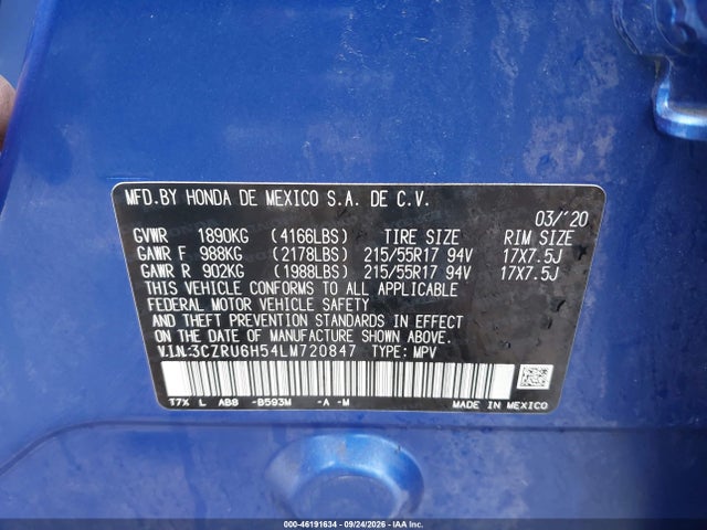 Aukcja sprzedaży 2020 Honda Hr-v Awd Ex, vin: 3CZRU6H54LM720847, numer aukcji: 46191634