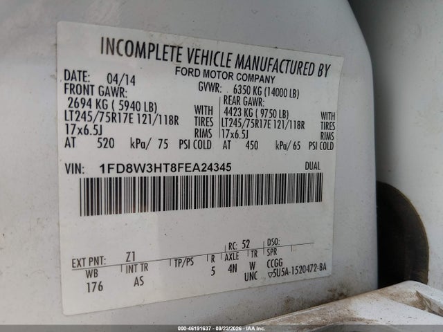 46191637 :رقم المزاد ، 1FD8W3HT8FEA24345 vin ، 2015 Ford F-350 Chassis Xl مزاد بيع