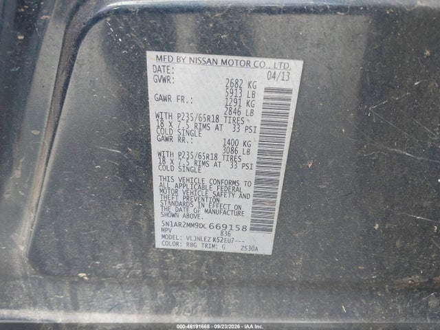 2013 Nissan Pathfinder Sv მანქანა იყიდება აუქციონზე, vin: 5N1AR2MM9DC669158, აუქციონის ნომერი: 46191668