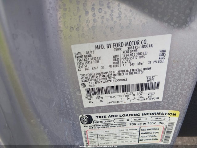 46191690 :رقم المزاد ، 1FTEW1CM7DFC00062 vin ، 2013 Ford F-150 Xlt مزاد بيع