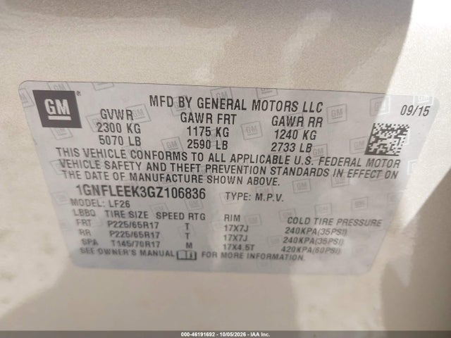 46191692 :رقم المزاد ، 1GNFLEEK3GZ106836 vin ، 2016 Chevrolet Equinox Ls مزاد بيع
