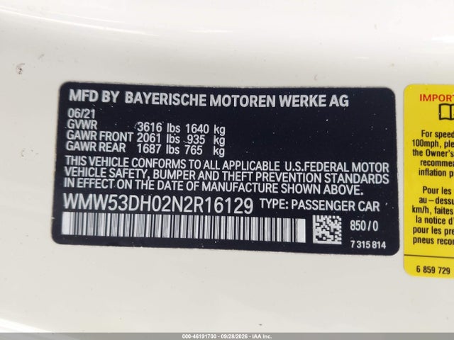 2022 Mini Capota Dura Cooper S მანქანა იყიდება აუქციონზე, vin: WMW53DH02N2R16129, აუქციონის ნომერი: 46191700