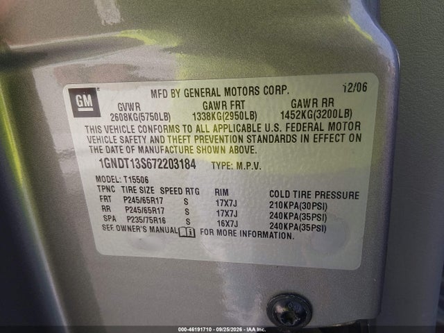 Продаж на аукціоні авто 2007 Chevrolet Trailblazer Lt, vin: 1GNDT13S672203184, номер лоту: 46191710