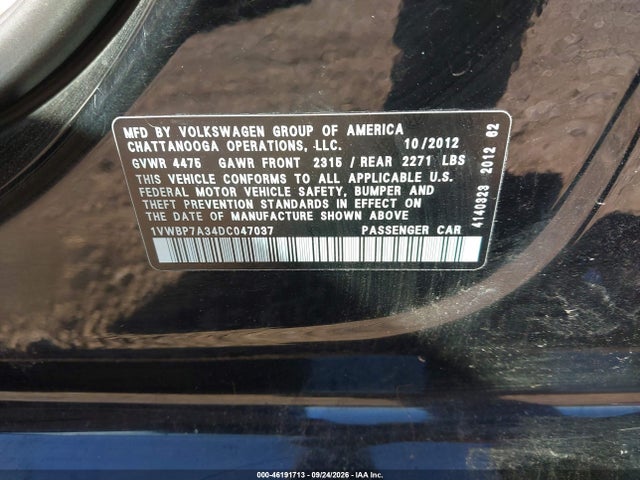 Продаж на аукціоні авто 2013 Volkswagen Passat Se W/sunroof, vin: 1VWBP7A34DC047037, номер лоту: 46191713
