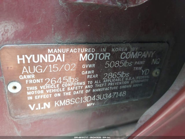Продаж на аукціоні авто 2003 Hyundai Santa Fe Gls/lx, vin: KM8SC13D43U347148, номер лоту: 46191717