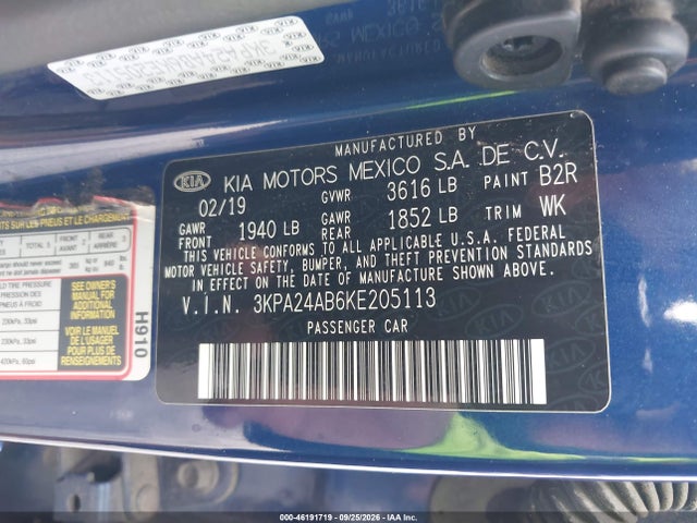 Продажа на аукционе авто 2019 Kia Rio S, vin: 3KPA24AB6KE205113, номер лота: 46191719