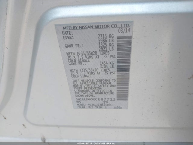 46191723 :رقم المزاد ، 5N1AR2MNXEC687713 vin ، 2014 Nissan Pathfinder Platinum مزاد بيع