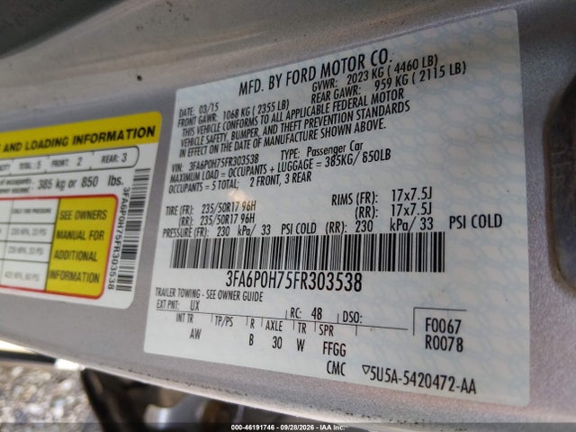 Продажа на аукционе авто 2015 Ford Fusion Se, vin: 3FA6P0H75FR303538, номер лота: 46191746