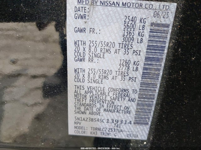 Aukcja sprzedaży 2025 Nissan Murano Sv, vin: 5N1AZ3BS4SC139314, numer aukcji: 46191753