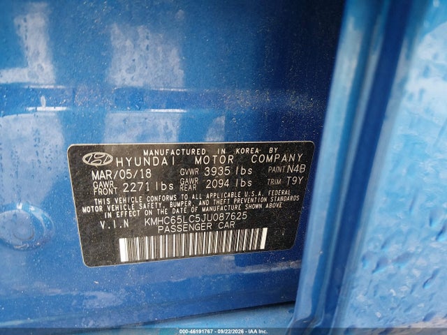 2018 Hyundai Ioniq Hybrid მანქანა იყიდება აუქციონზე, vin: KMHC65LC5JU087625, აუქციონის ნომერი: 46191767
