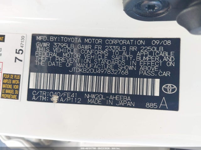 46191799 :رقم المزاد ، JTDKB20U497832768 vin ، 2009 Toyota Prius مزاد بيع