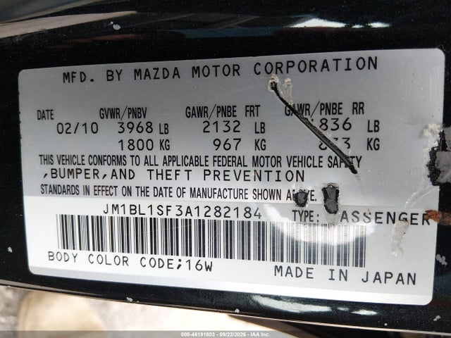 46191803 :رقم المزاد ، JM1BL1SF3A1282184 vin ، 2010 Mazda Mazda3 I Sport مزاد بيع